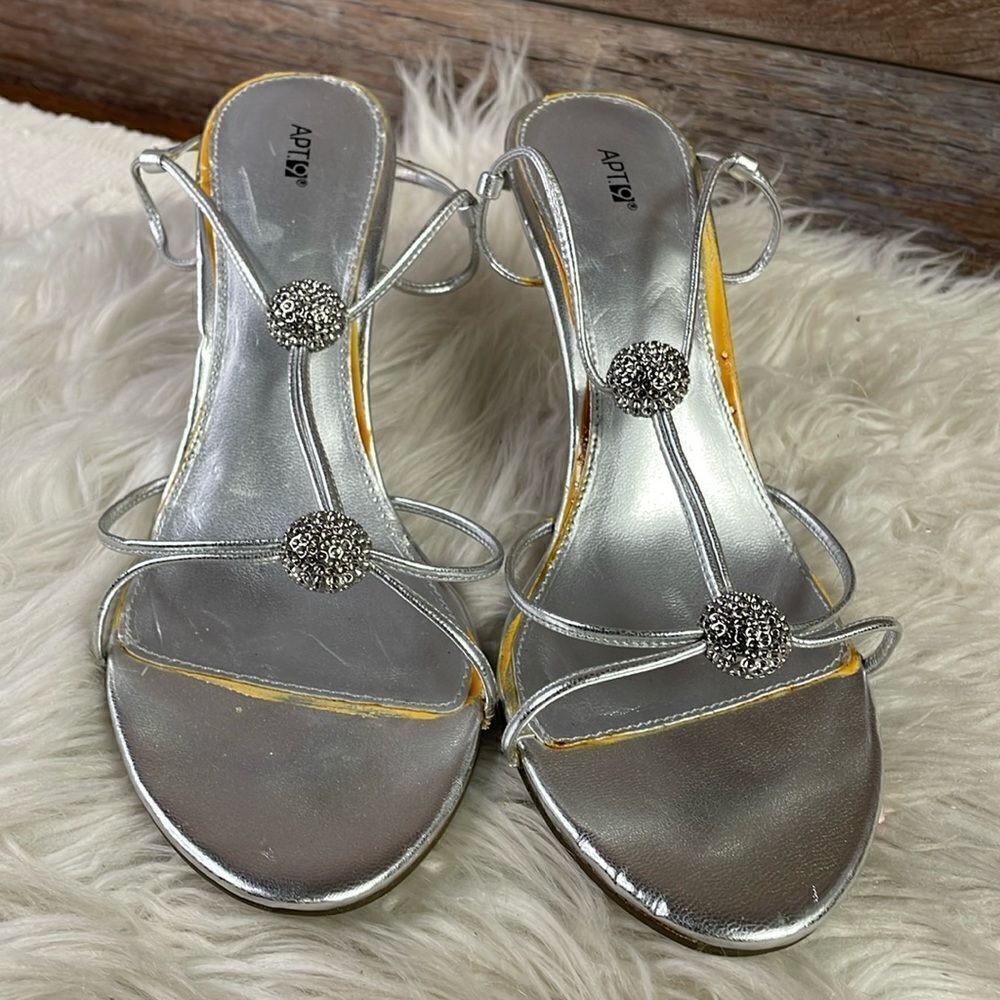Apt 9 Silver Strappy Open Toe Heel with Rhinstone Decor, Clear Heels, Size 6.5 M